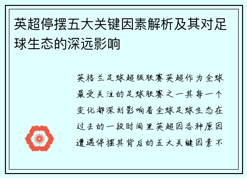 英超停摆五大关键因素解析及其对足球生态的深远影响